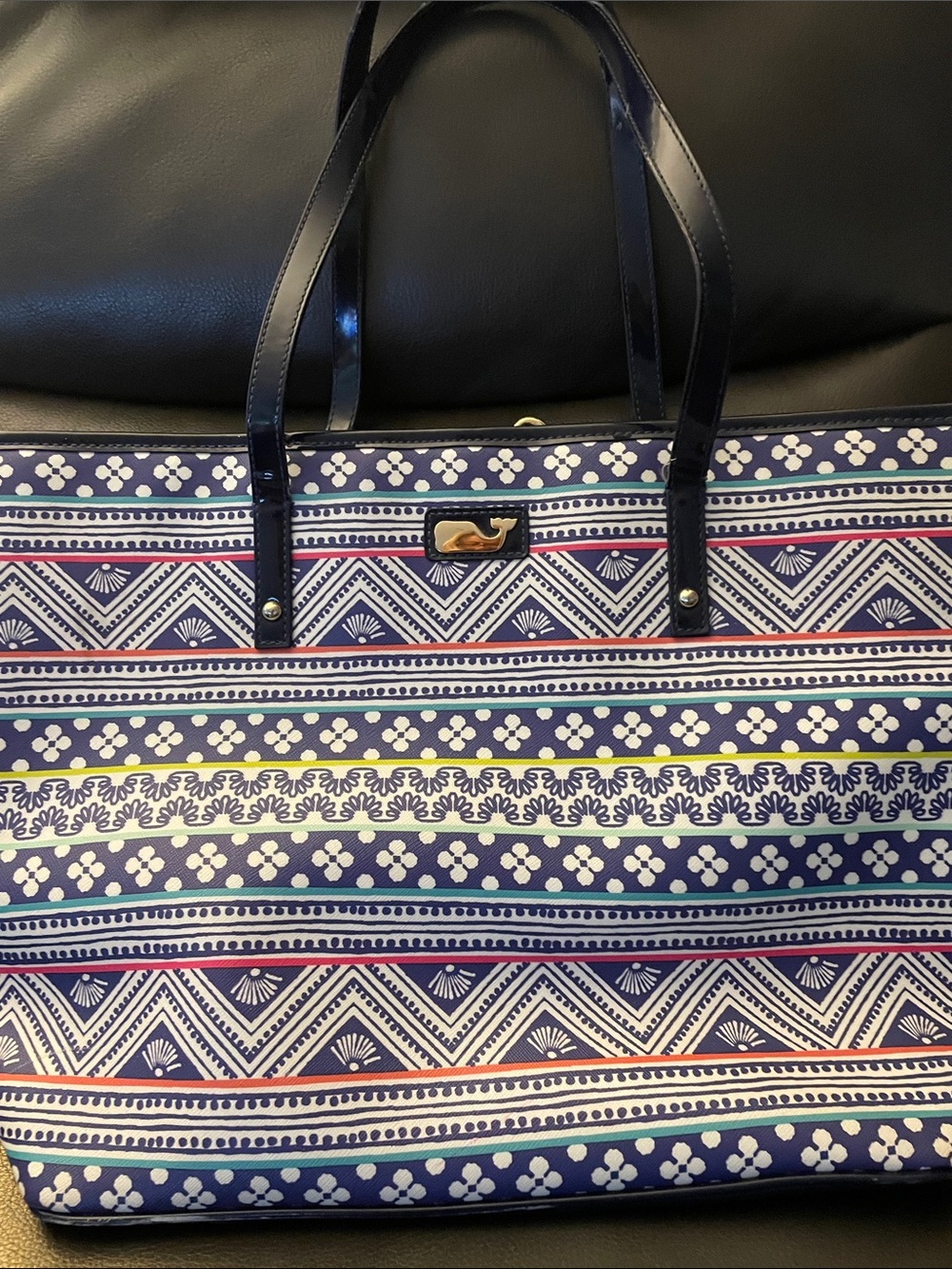 Vineyard Vines Navy Floral & Stripe Canvas Tote with Black Trim